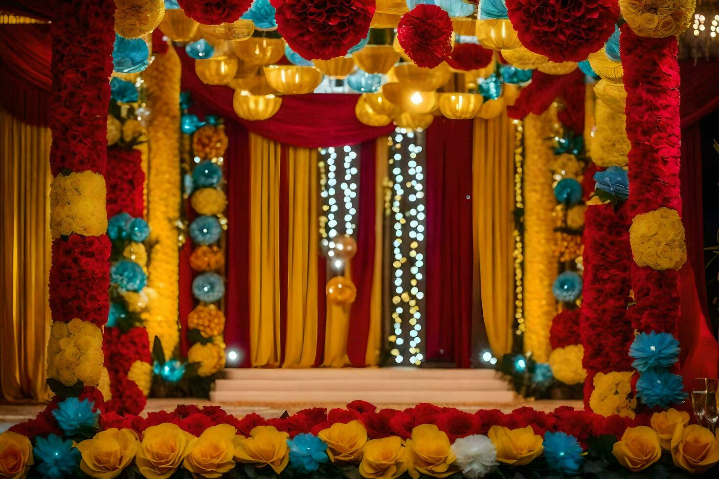 a colorful wedding stage decorated with flowers and balloons. AI-Generated photo