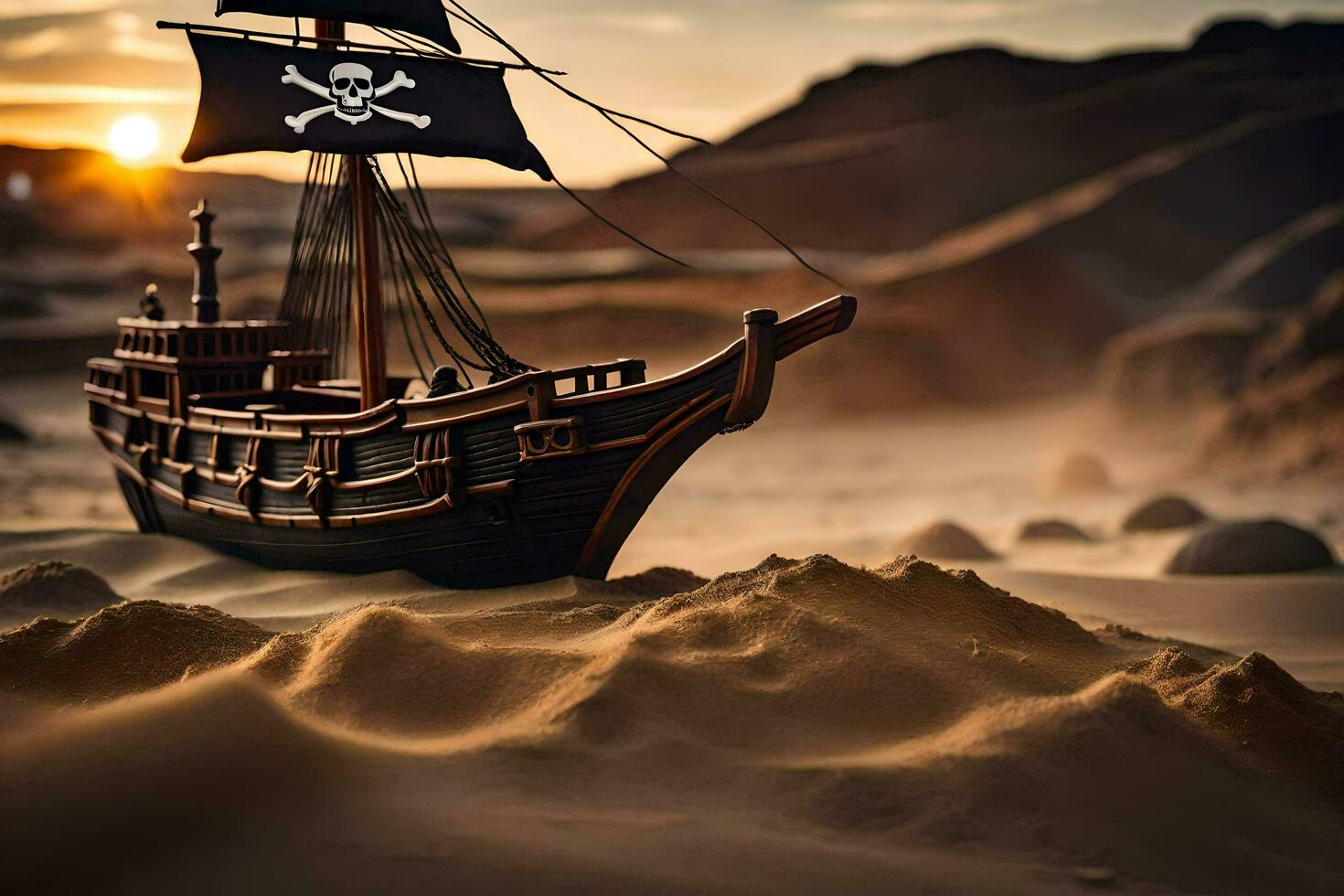 a pirate ship in the desert. AI-Generated photo