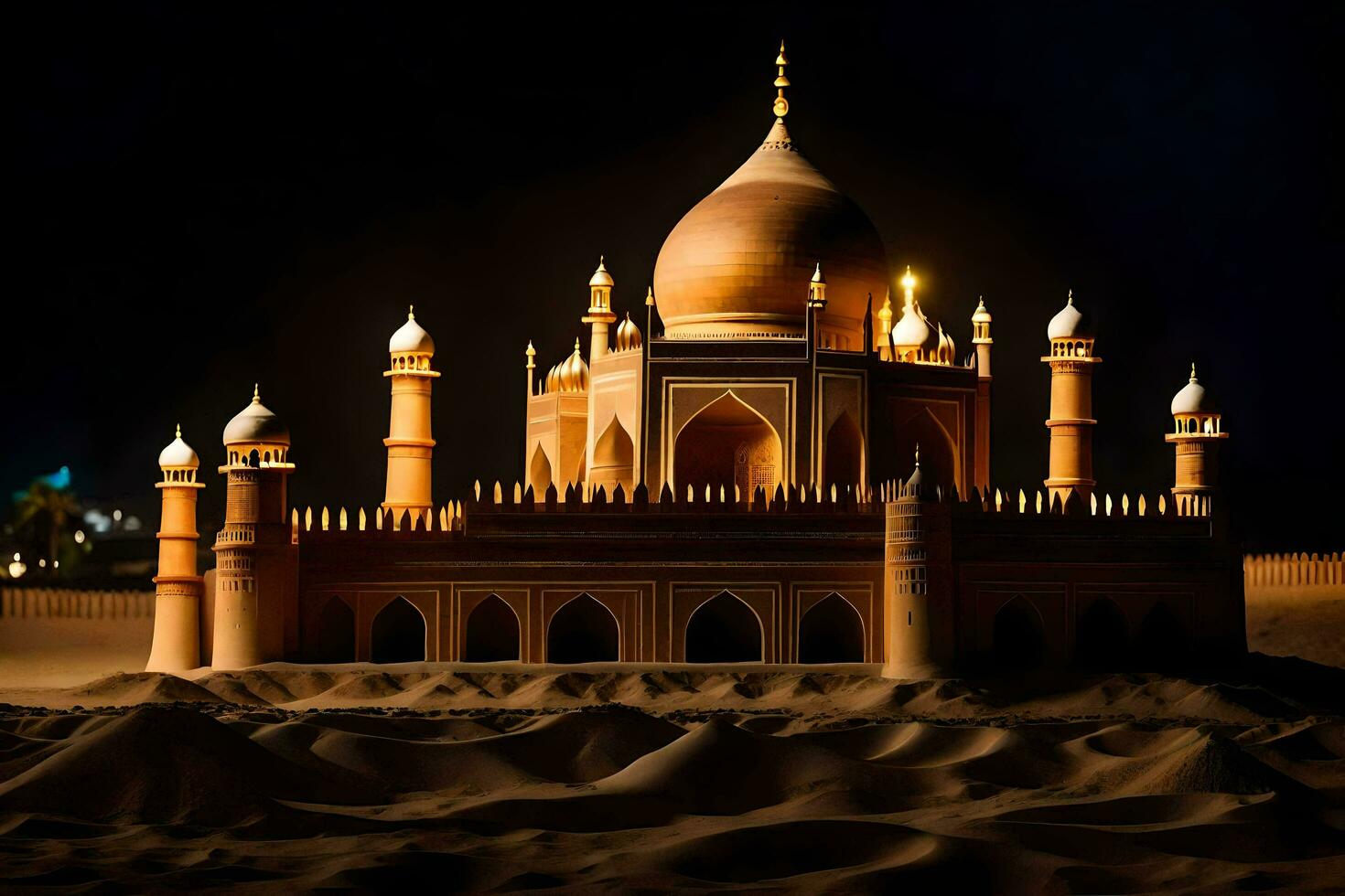 a sand castle is lit up at night. AI-Generated photo