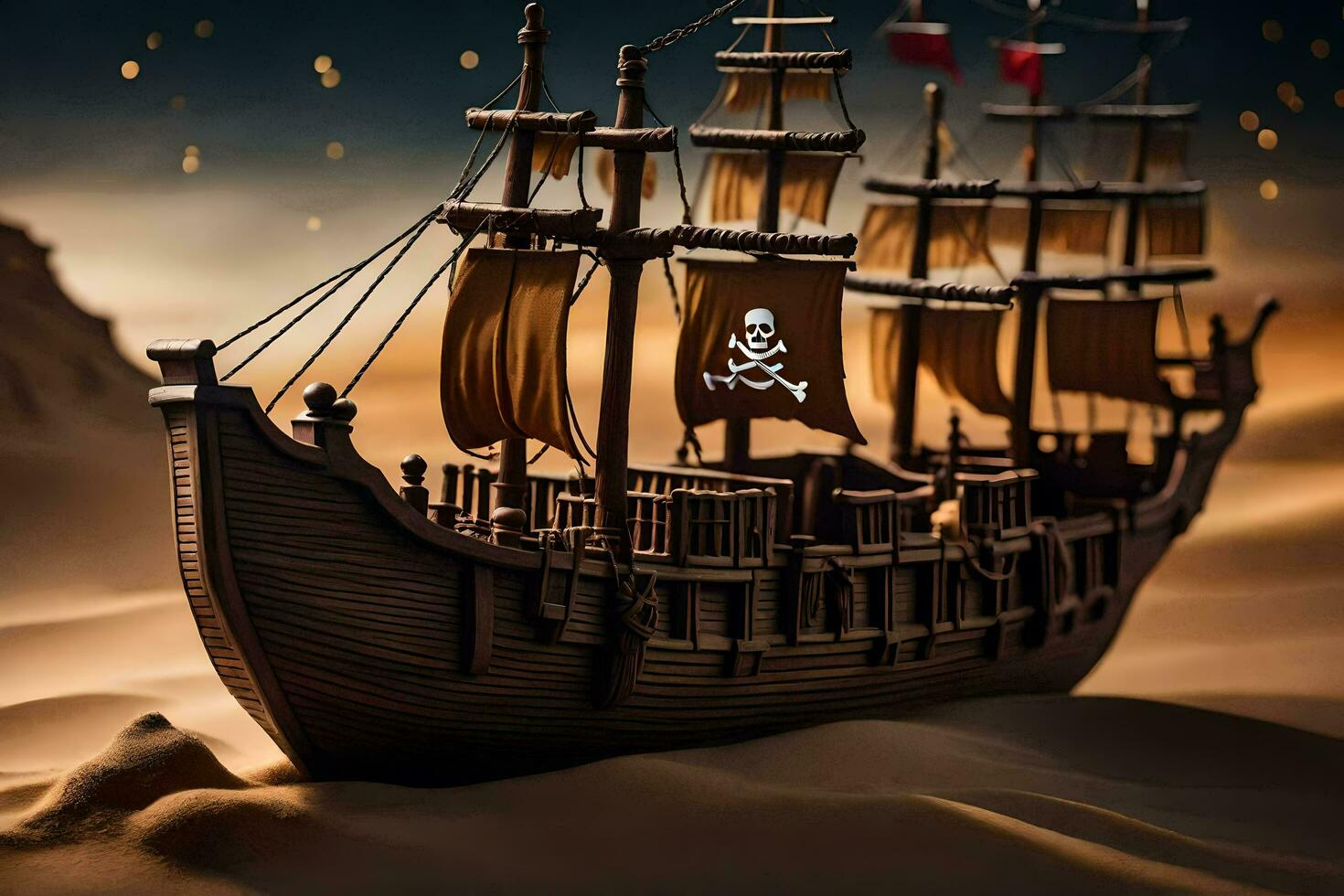 a pirate ship is in the desert with a skull and crossbones. AI-Generated photo