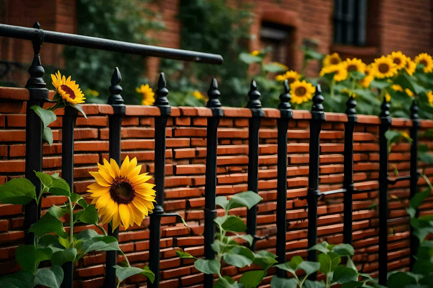 sunflowers are growing along a brick fence. AI-Generated photo