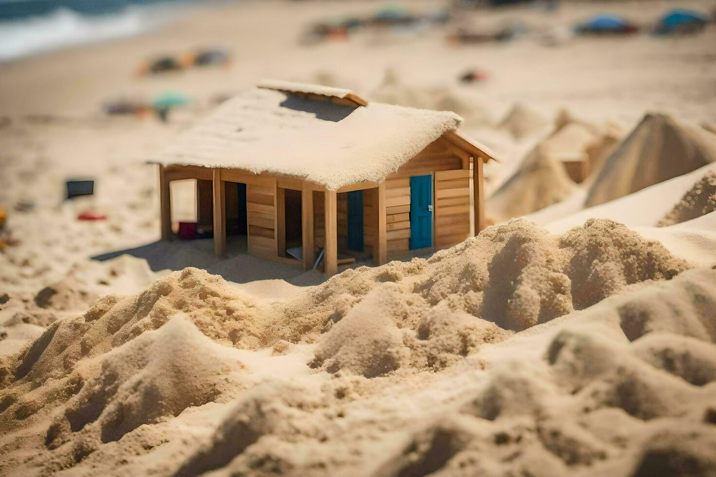 a small wooden house sits in the sand on a beach. AI-Generated photo
