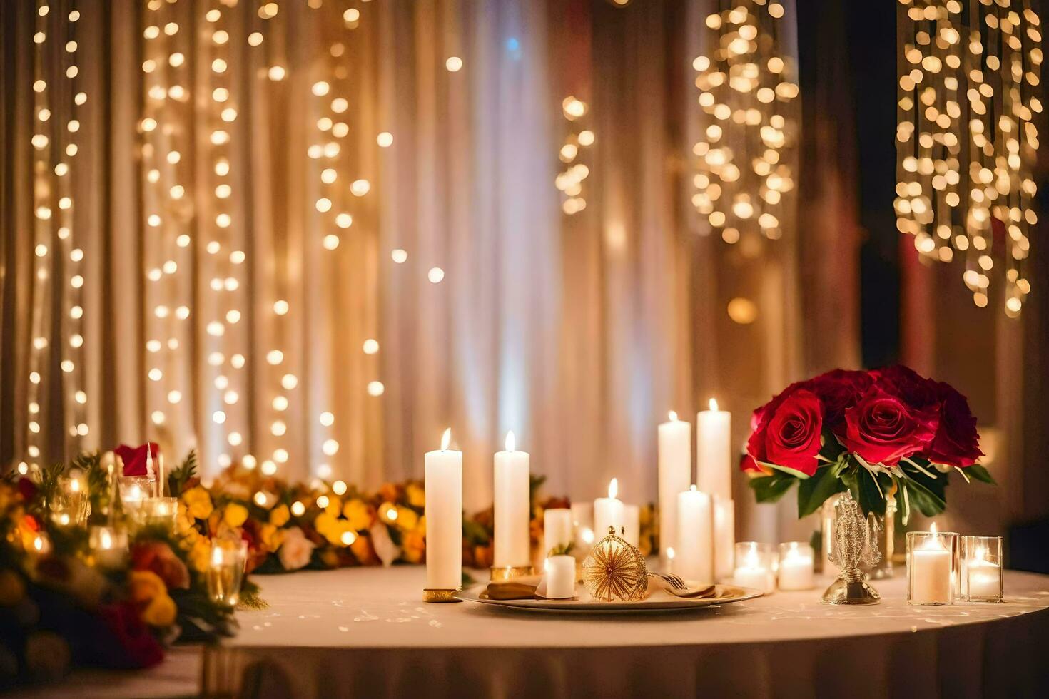 a table with candles and flowers in front of a curtain. AI-Generated photo