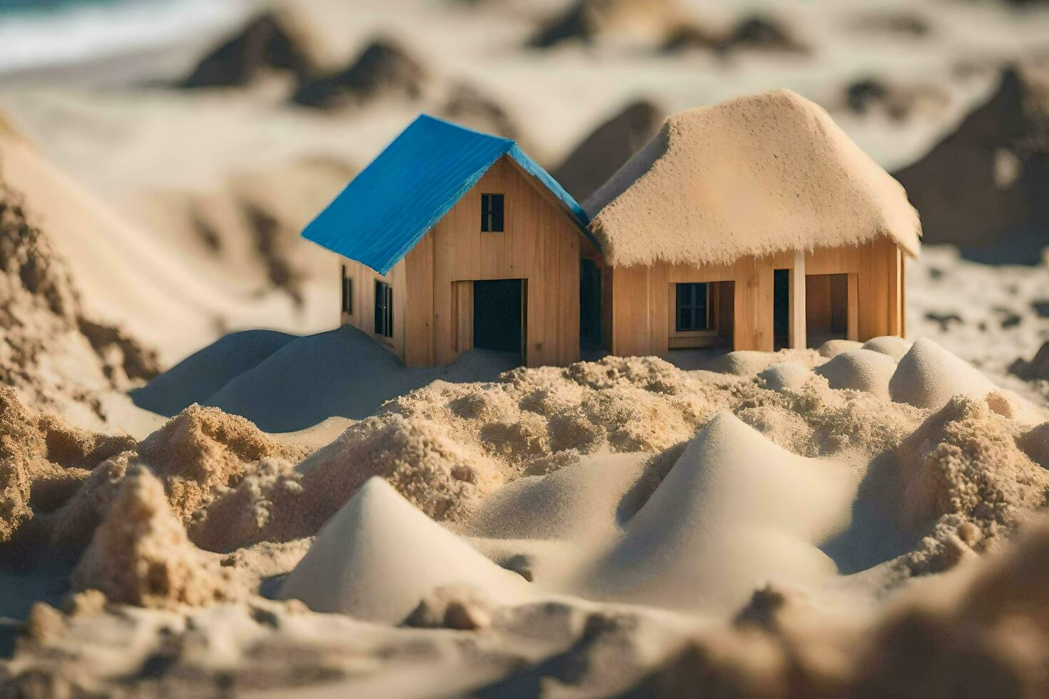 a small wooden house sits on top of sand. AI-Generated photo