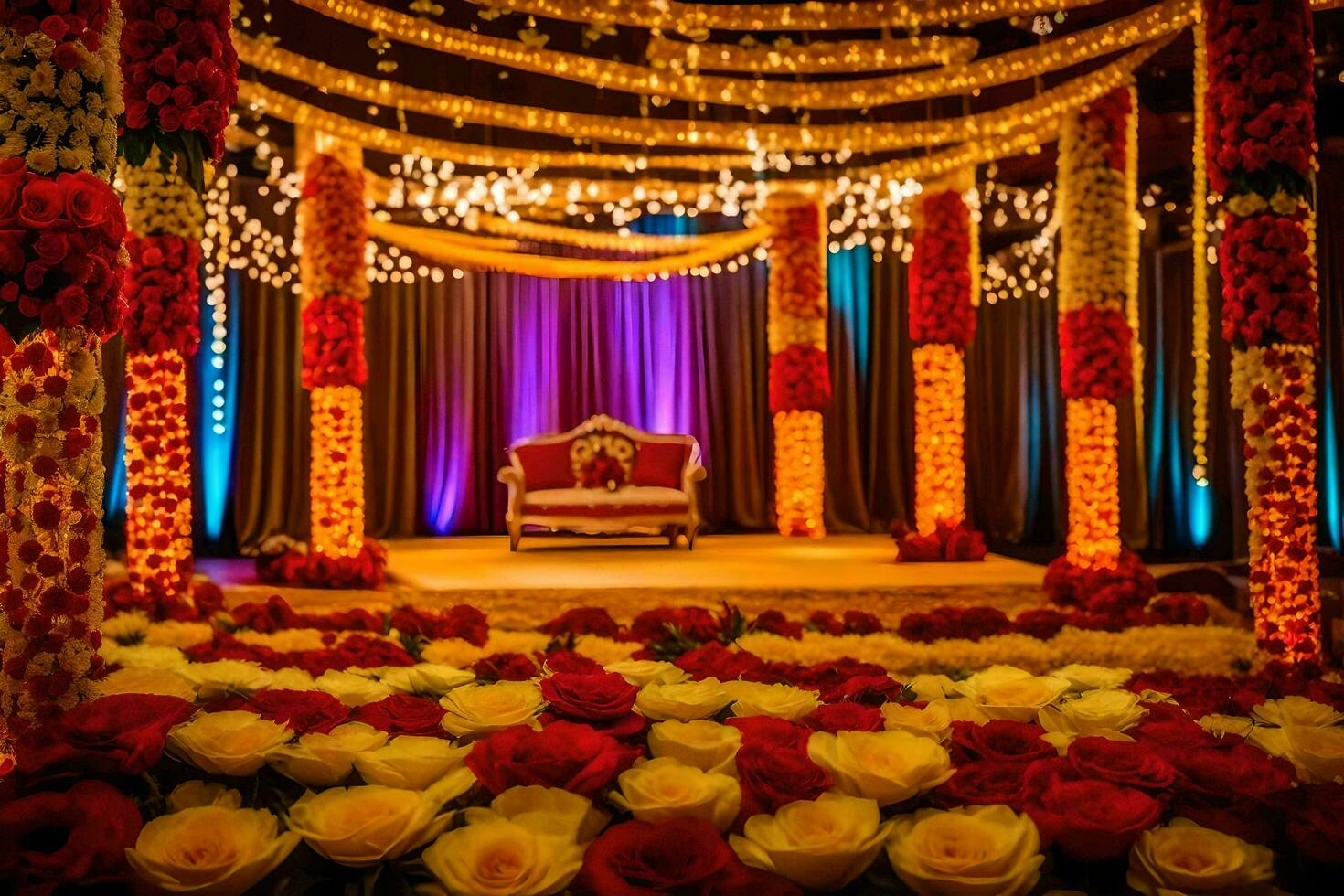 a wedding stage decorated with flowers and lights. AI-Generated photo