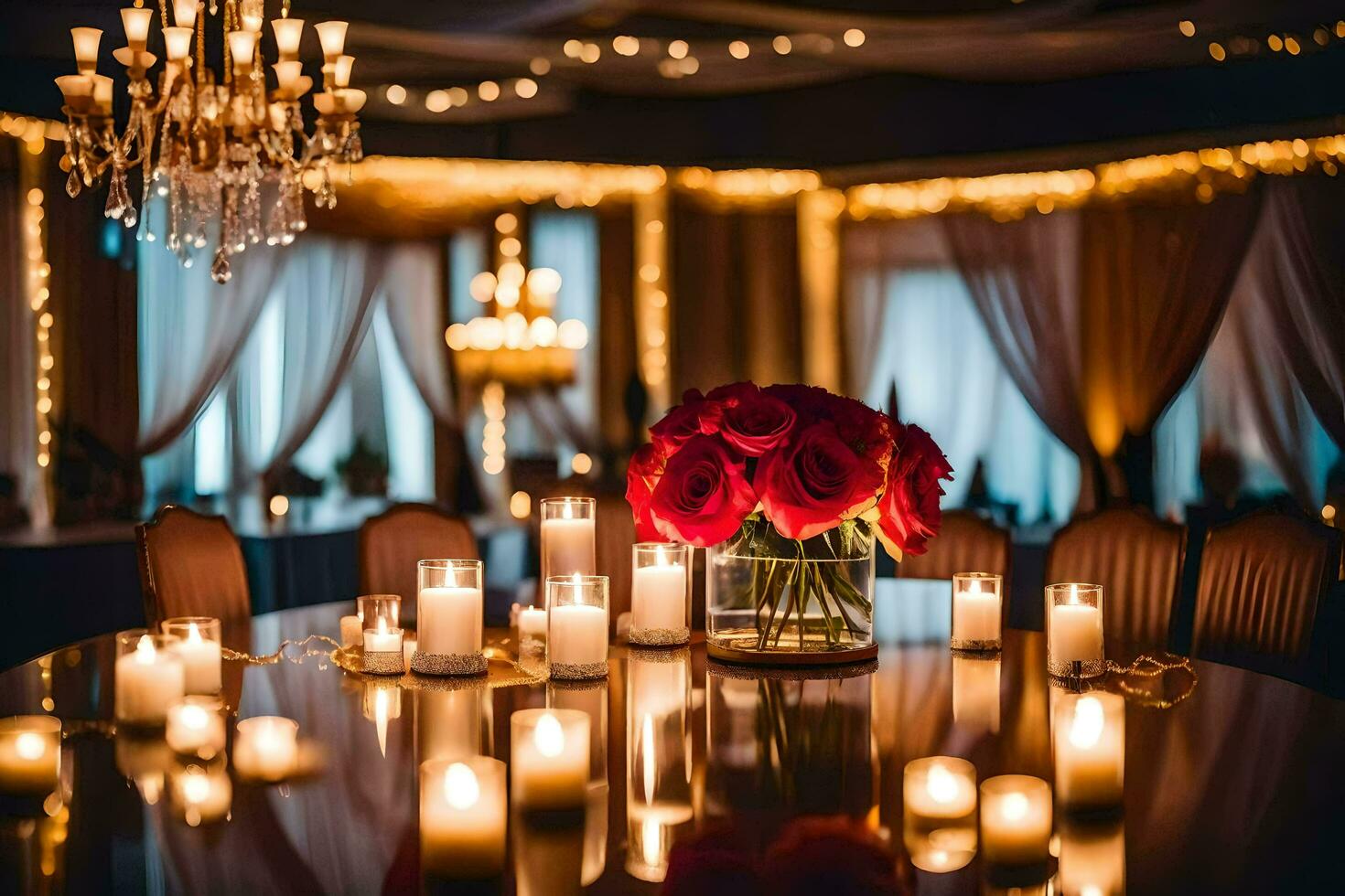 a table with candles and roses in a vase. AI-Generated photo