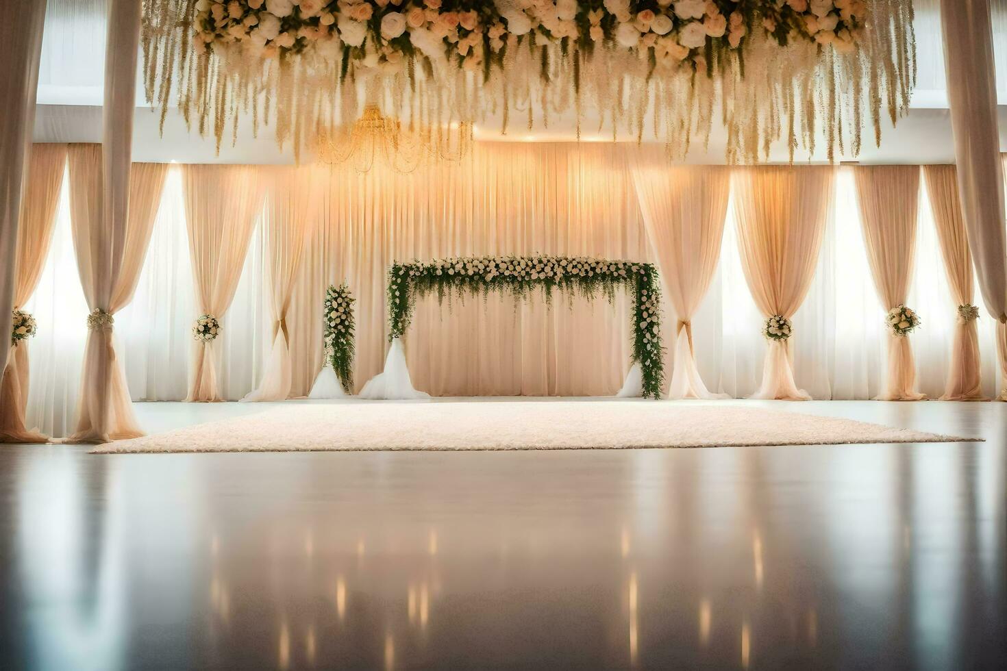 un Boda ceremonia con un grande blanco fondo. generado por ai foto