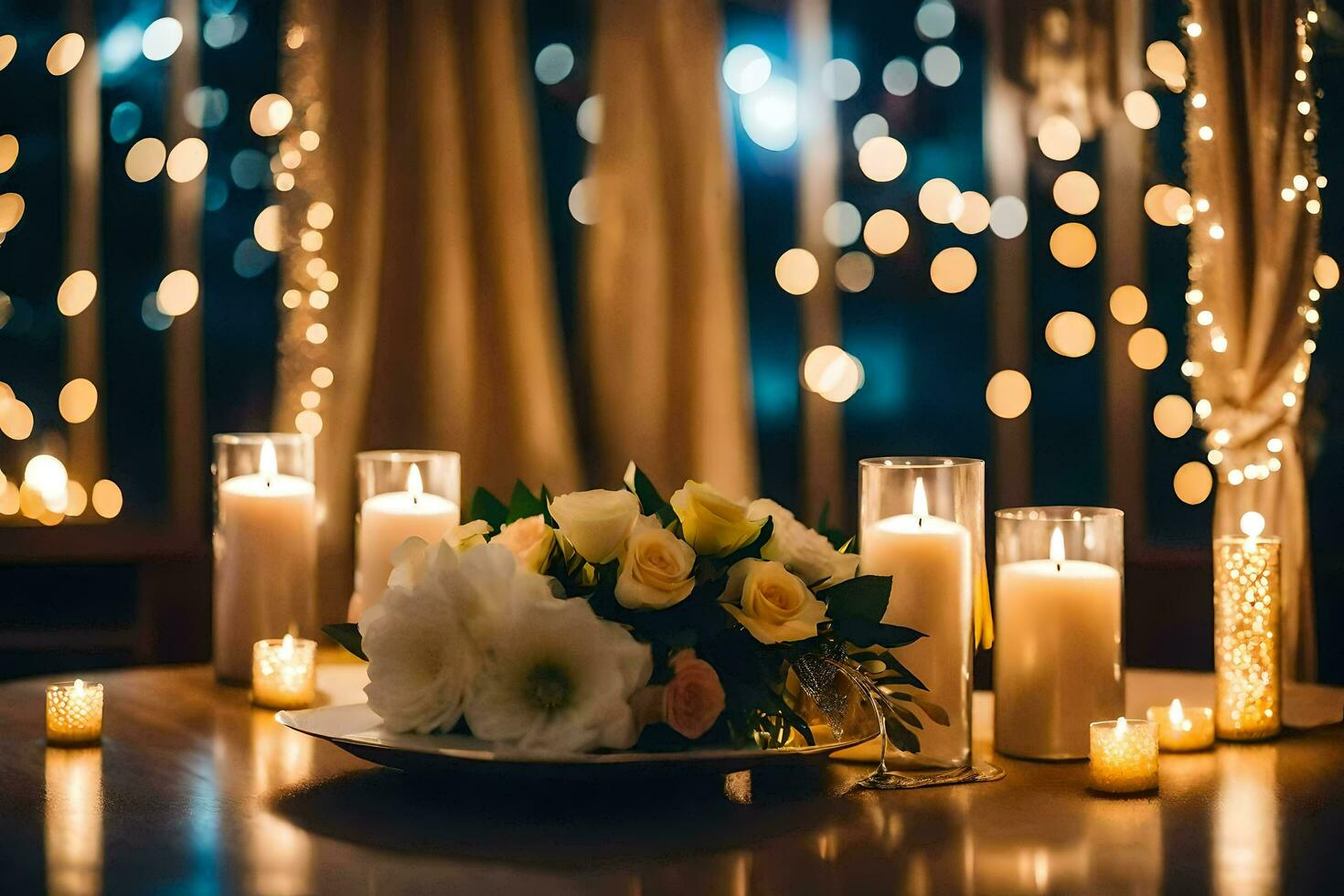 candles and flowers are on a table in front of a window. AI-Generated photo