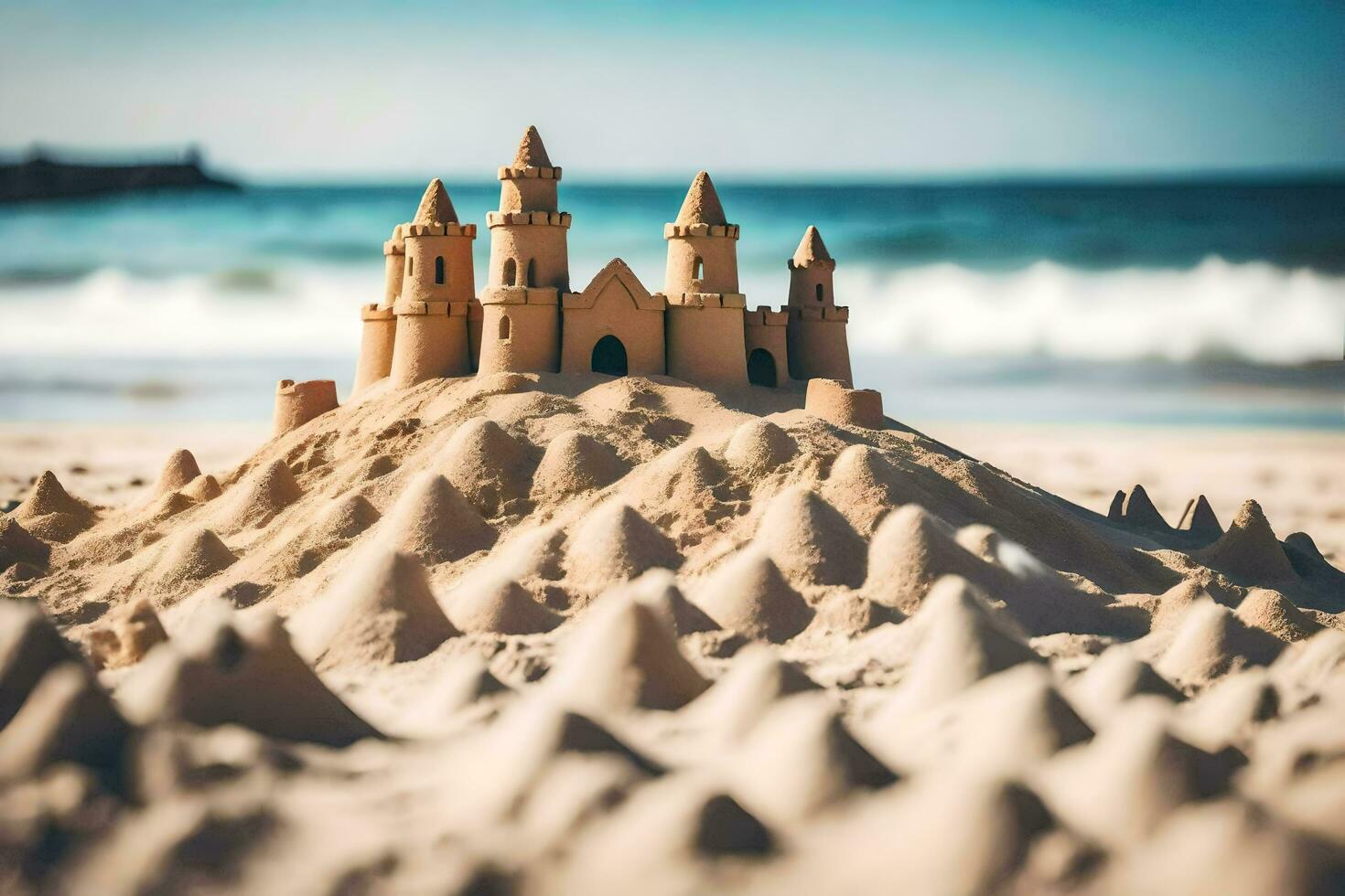 arena castillo en el playa. generado por ai foto