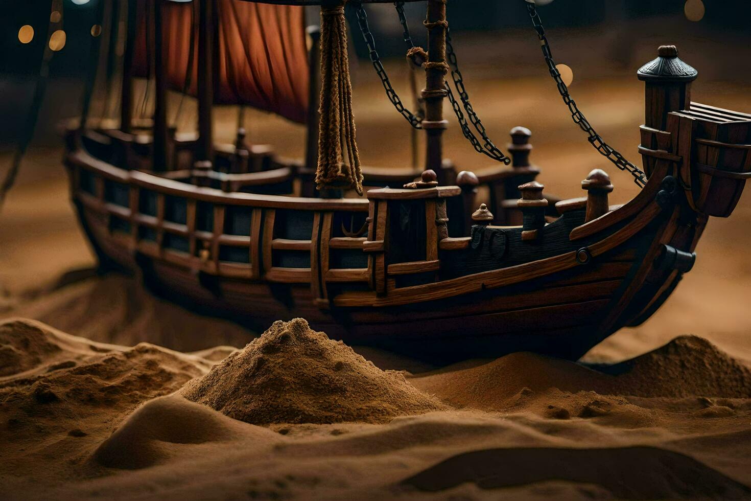 a model of a ship in the sand. AI-Generated photo