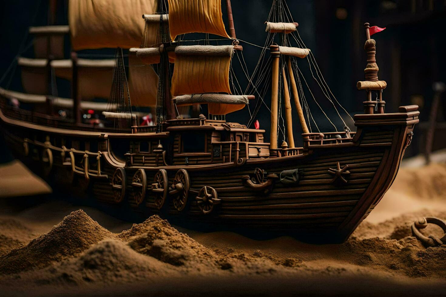 a model of a pirate ship in a sand pit. AI-Generated photo