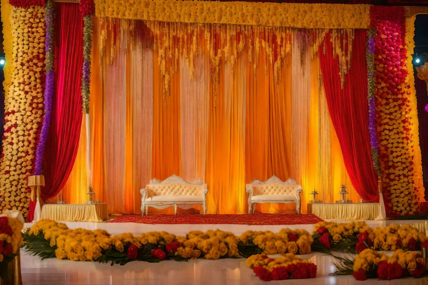 a stage decorated with yellow and orange flowers. AI-Generated photo