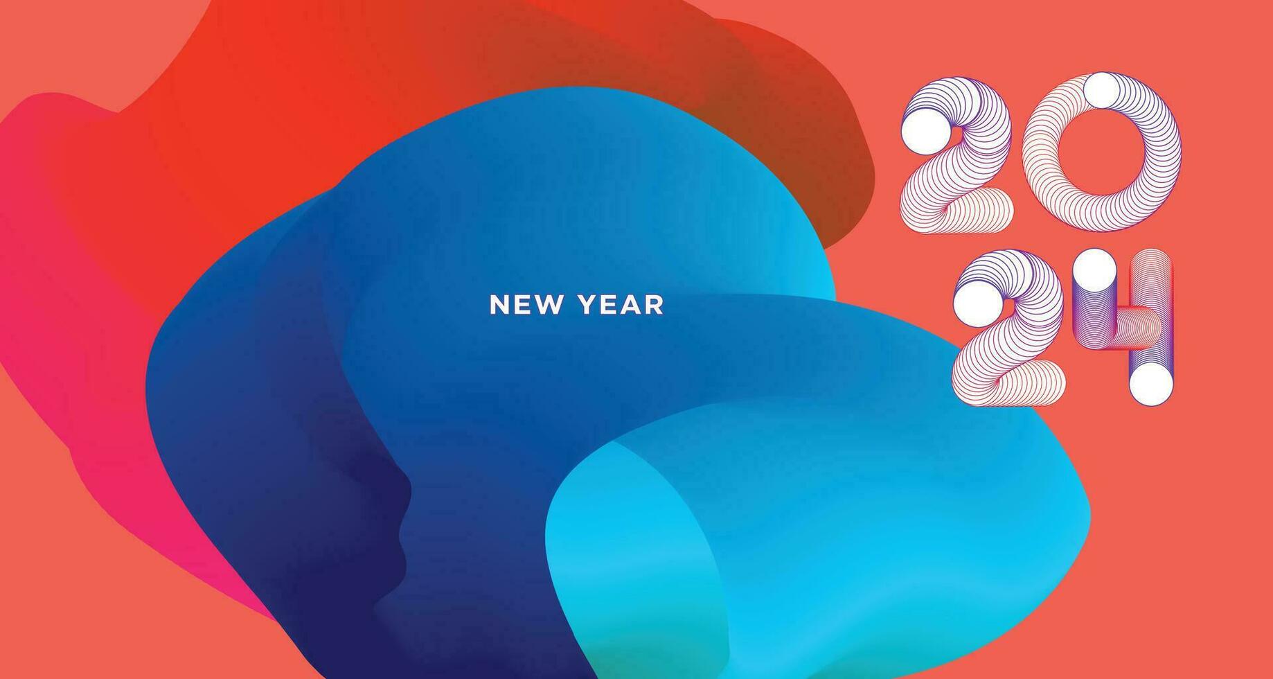 Happy New Year 2024 Colorful Greeting Card Banner for Social Media. Vector Abstract Fluid Background Design