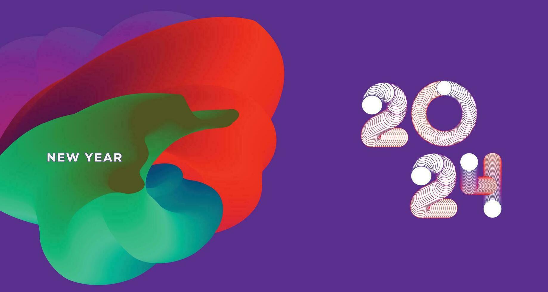 Happy New Year 2024 Colorful Greeting Card Banner for Social Media. Vector Abstract Fluid Background Design