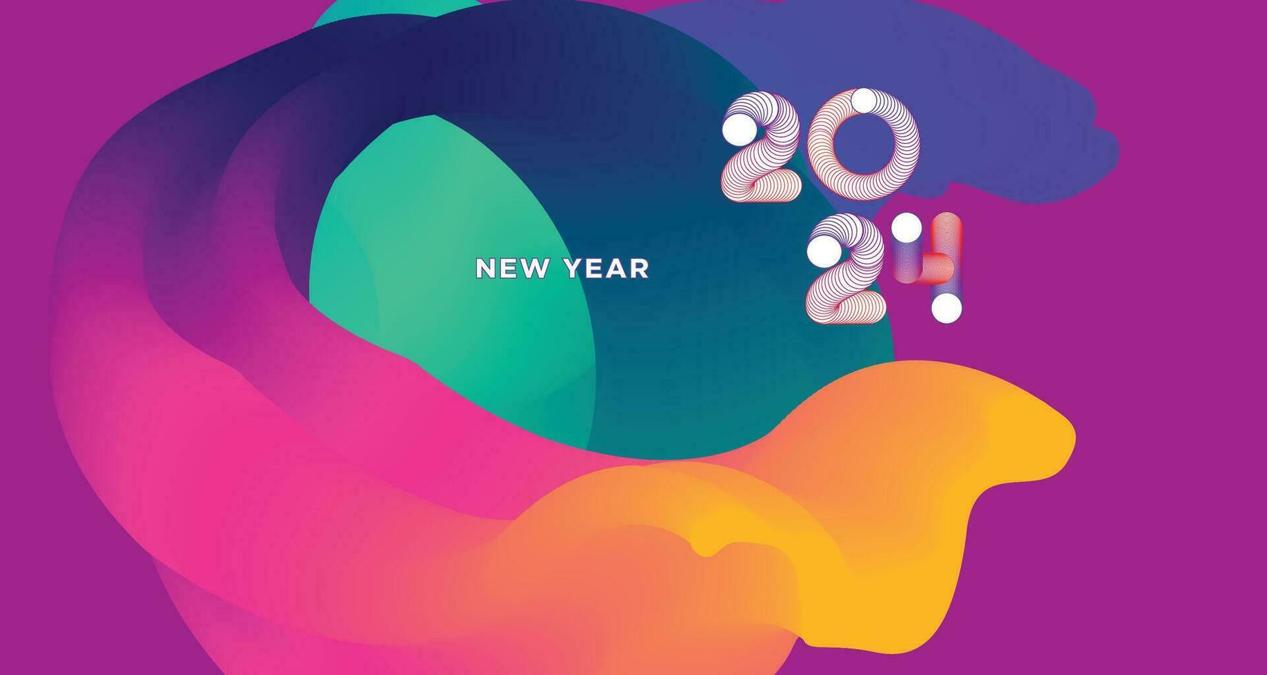 Happy New Year 2024 Colorful Greeting Card Banner for Social Media. Vector Abstract Fluid Background Design