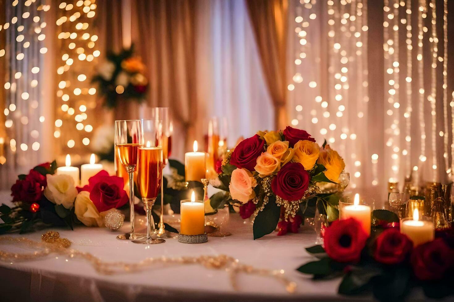 a table with candles and flowers in front of a curtain. AI-Generated photo