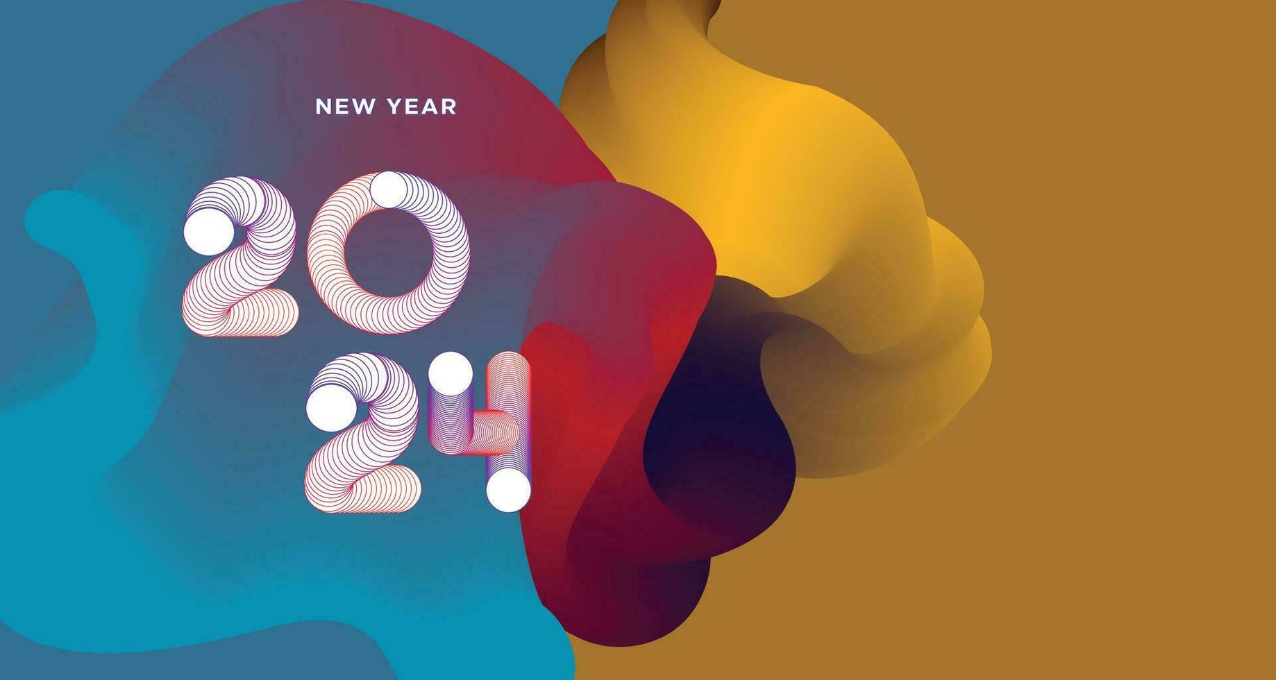 Happy New Year 2024 Colorful Greeting Card Banner for Social Media. Vector Abstract Fluid Background Design