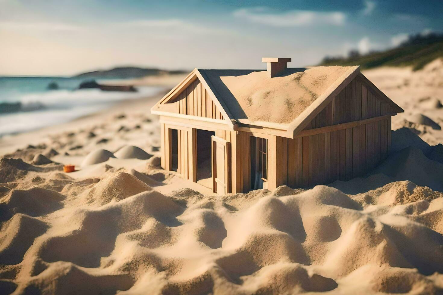 a miniature wooden house sits in the sand on the beach. AI-Generated photo