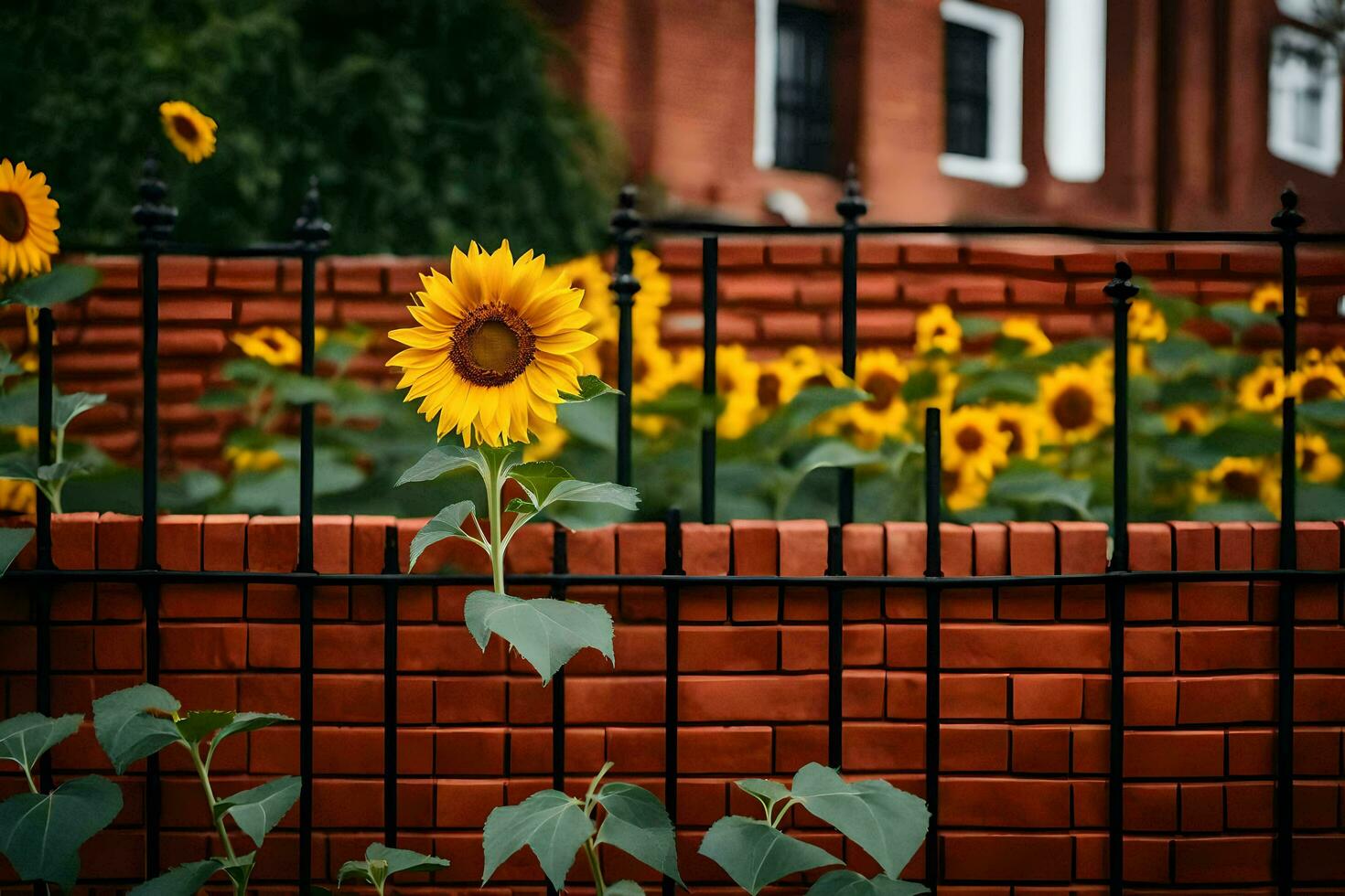 sunflowers in front of a brick fence. AI-Generated photo