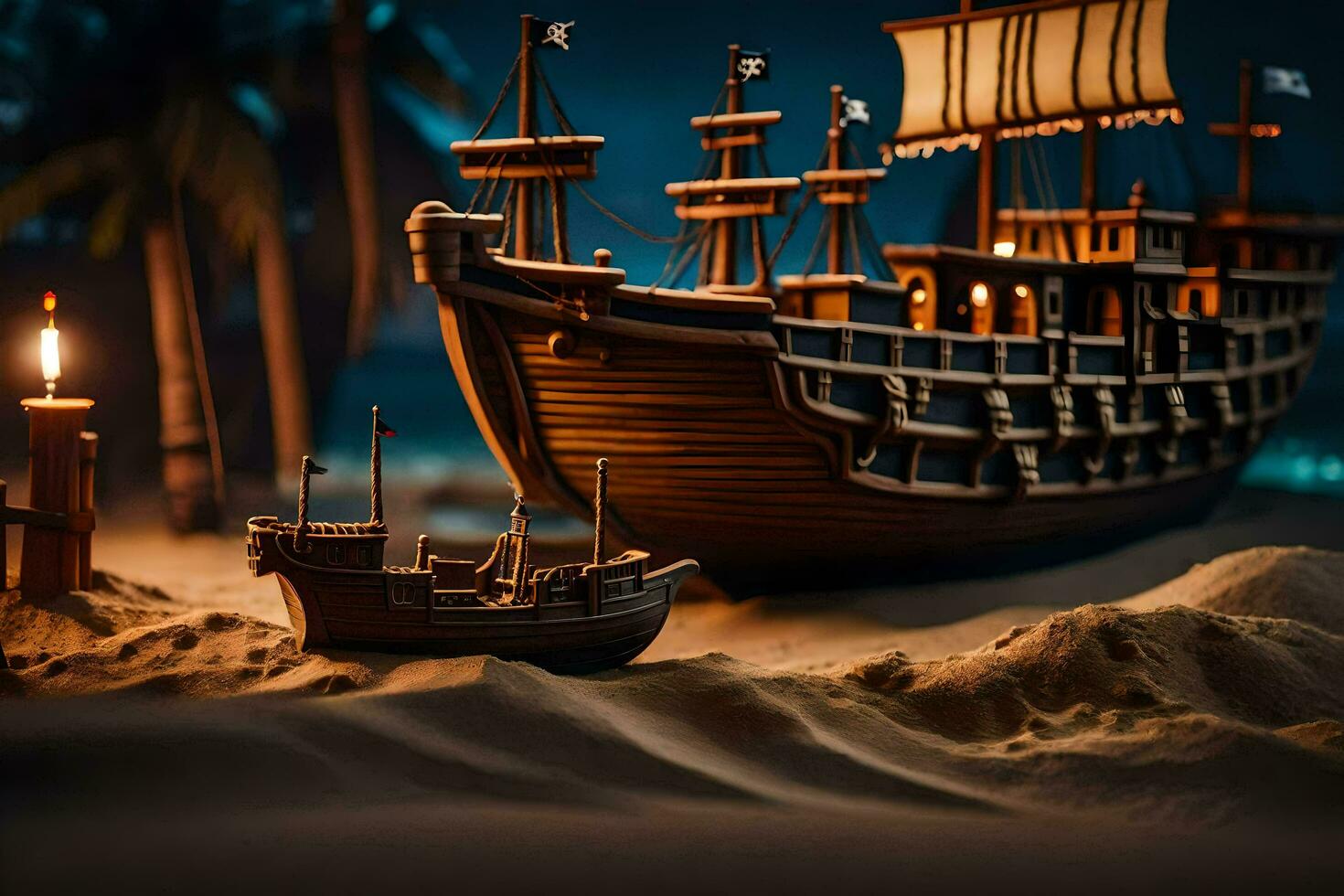 a model of a pirate ship on a beach. AI-Generated photo