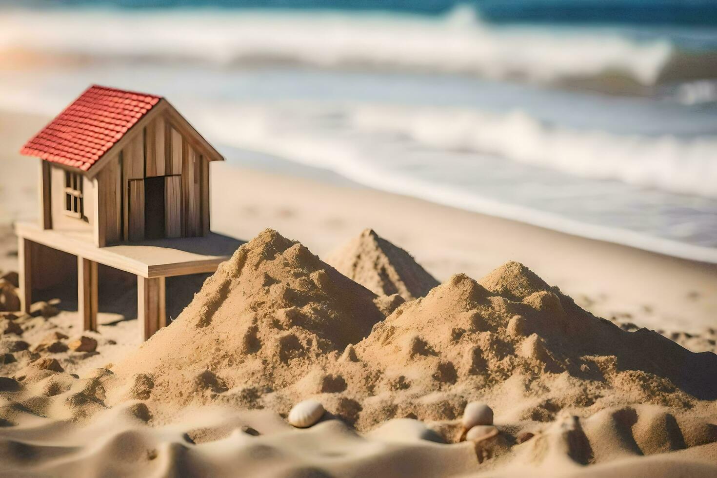 a small wooden house on the beach with sand. AI-Generated photo