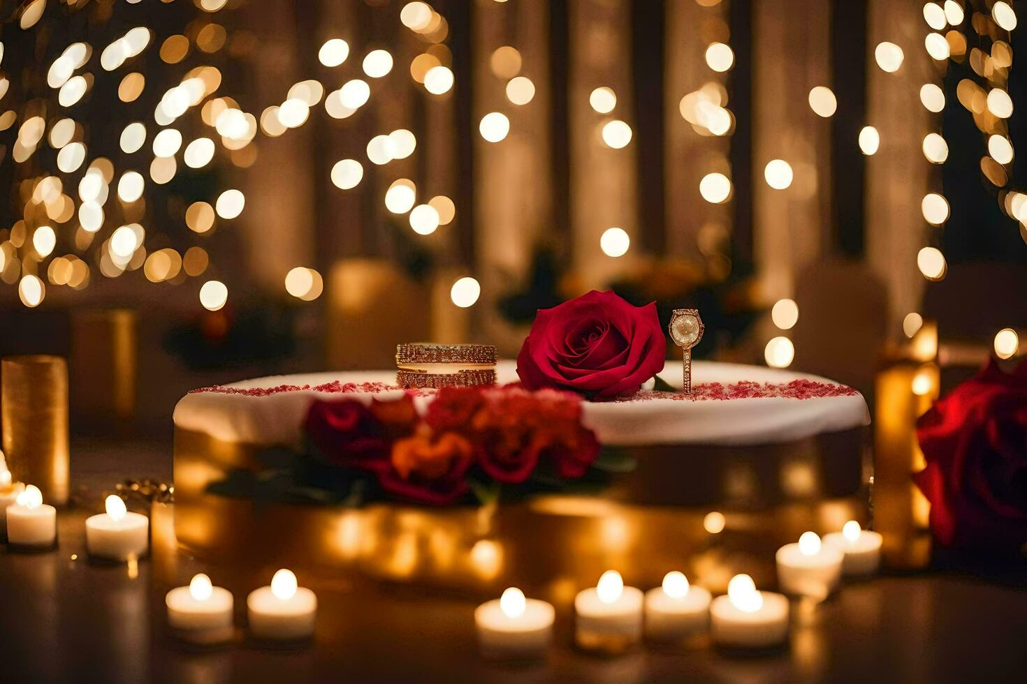 wedding cake with candles and rose on table. AI-Generated photo