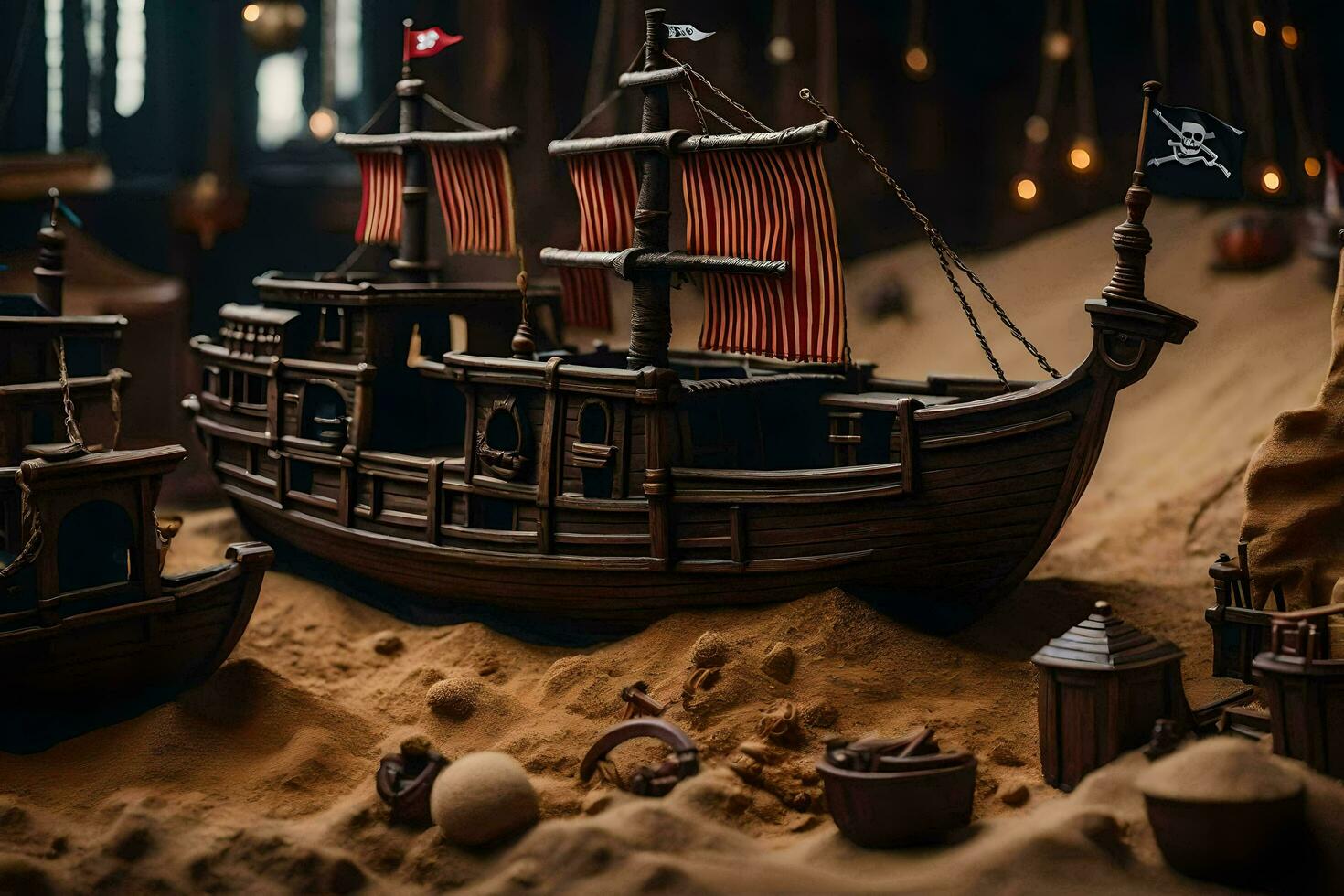 a pirate ship is sitting in the sand. AI-Generated photo