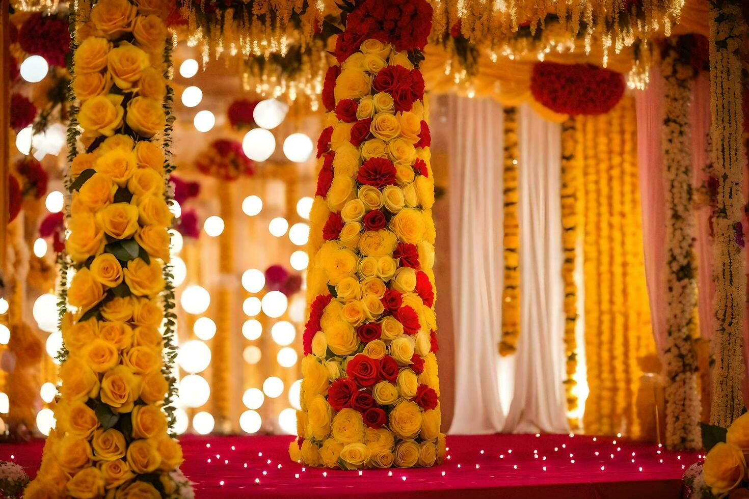 a wedding stage decorated with yellow and red flowers. AI-Generated photo