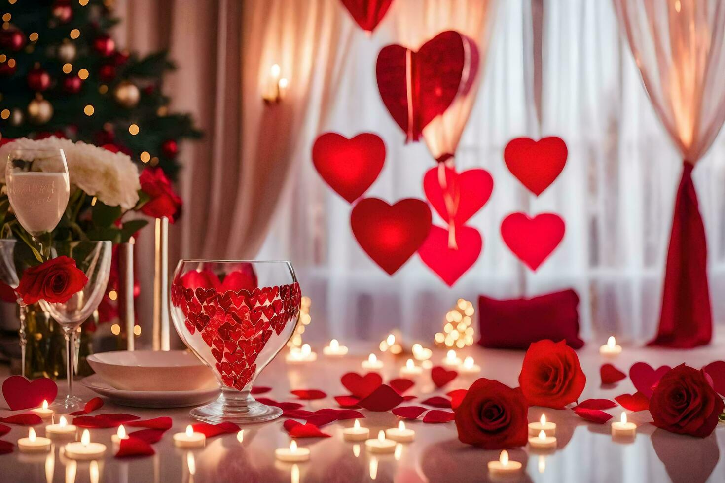 valentine's day table setting with red hearts and candles. AI-Generated photo