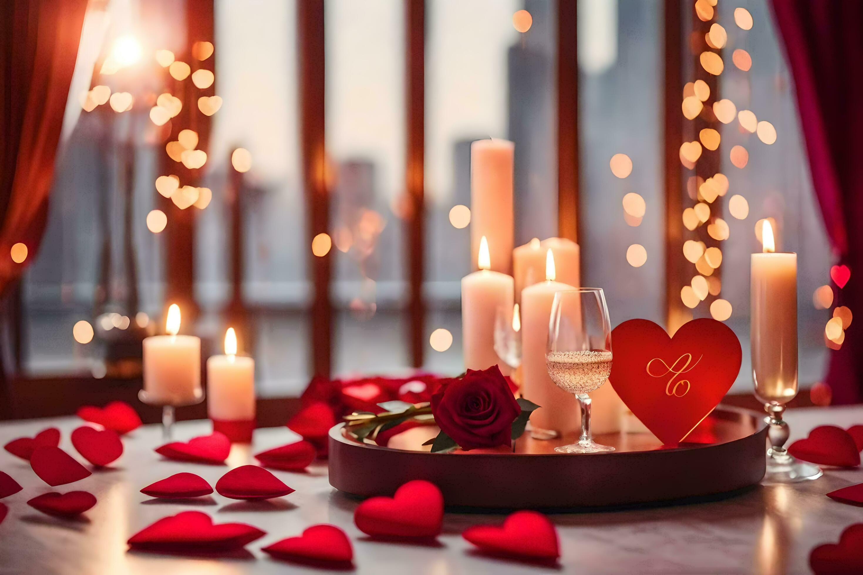 candles and hearts on a table with a heart shaped candle. AI