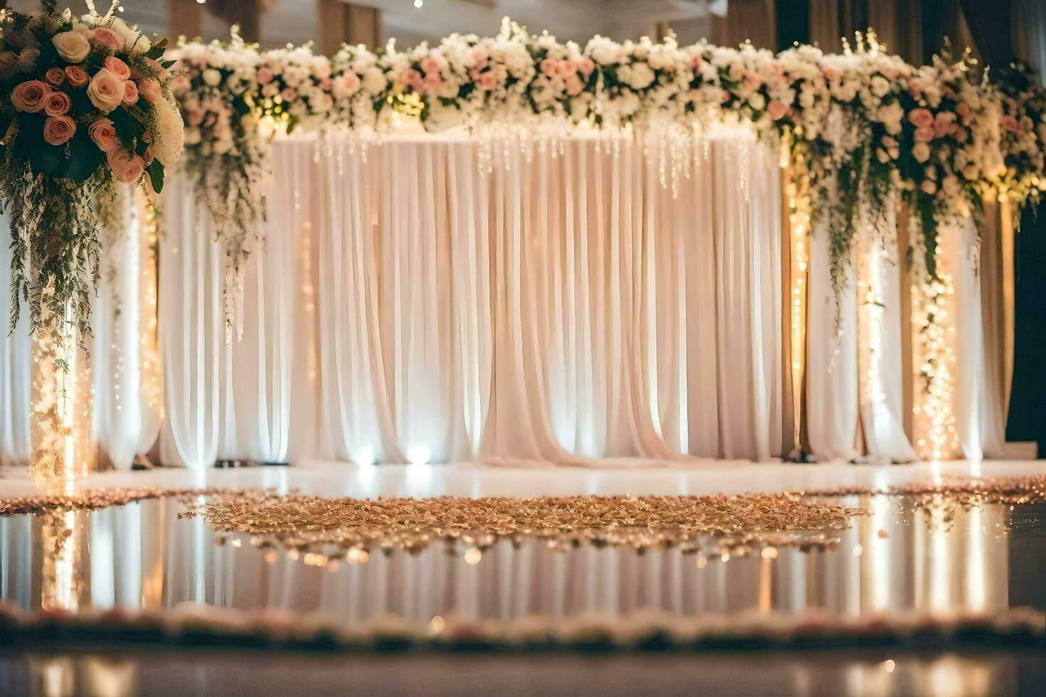 wedding ceremony decor with flowers and gold. AI-Generated photo