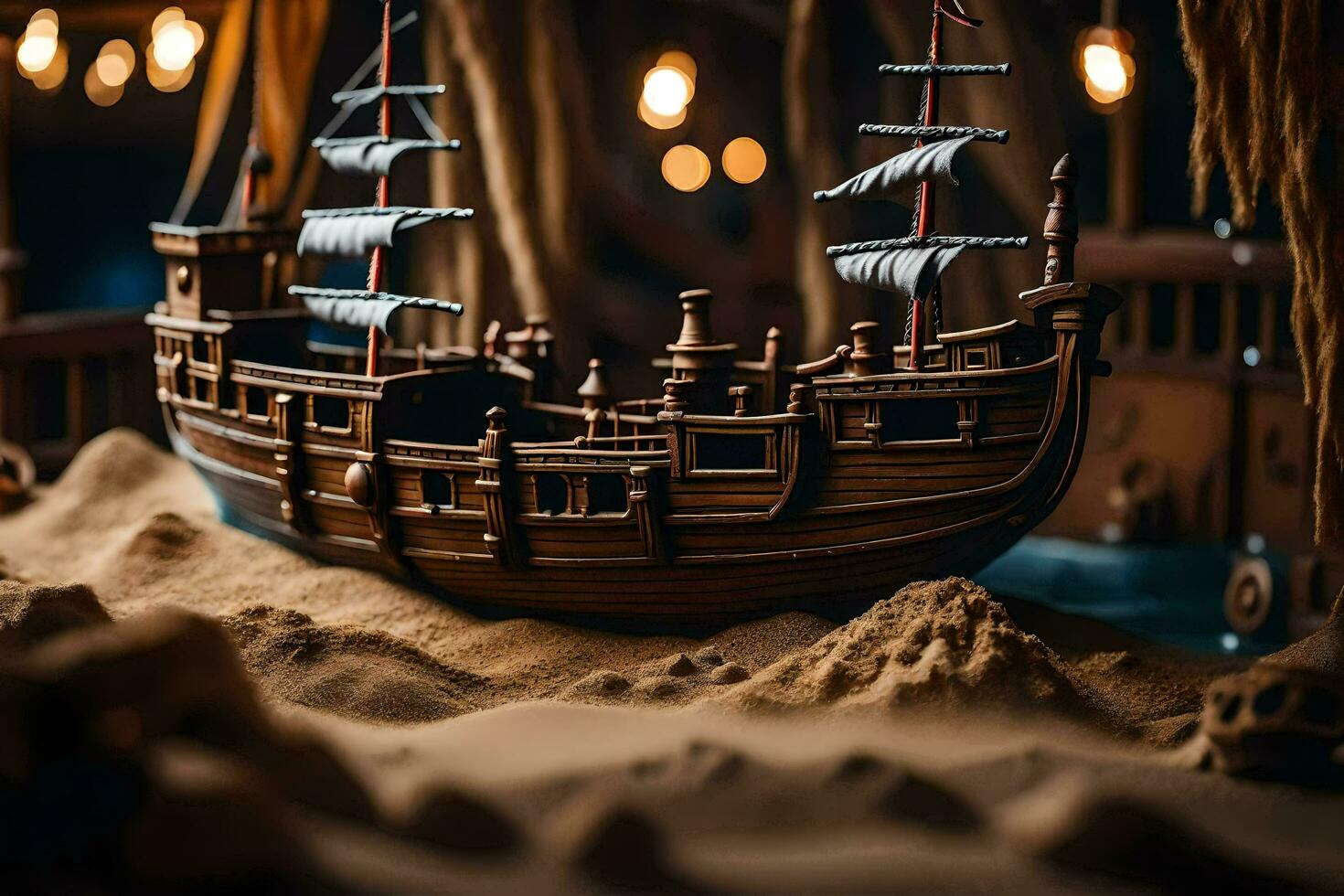 a model of a pirate ship in a sandy area. AI-Generated photo