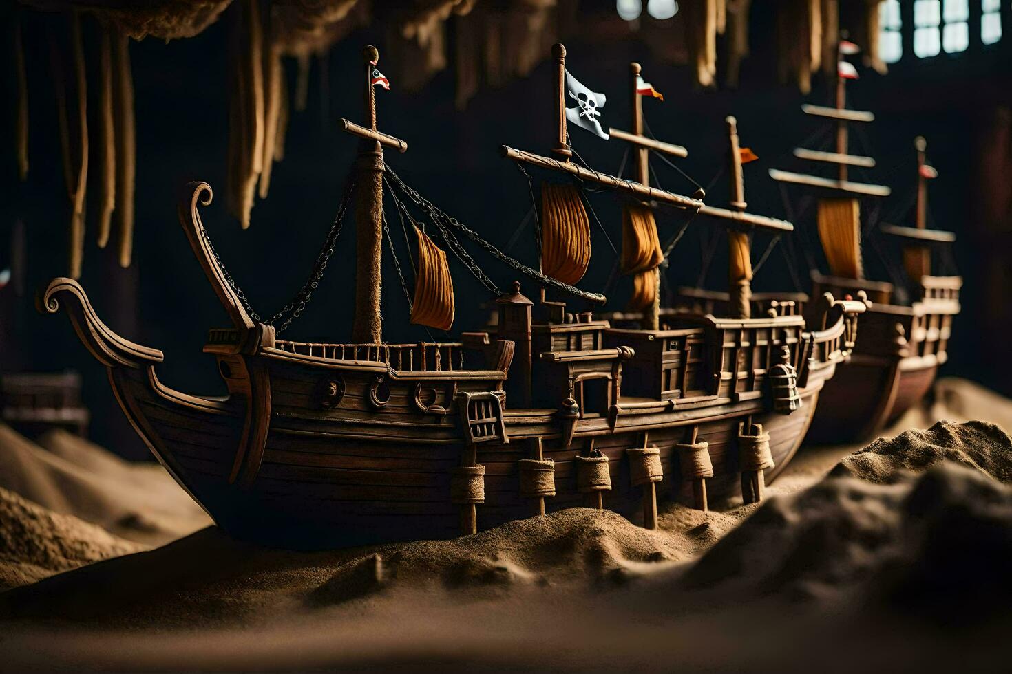 a model of a pirate ship in a cave. AI-Generated photo