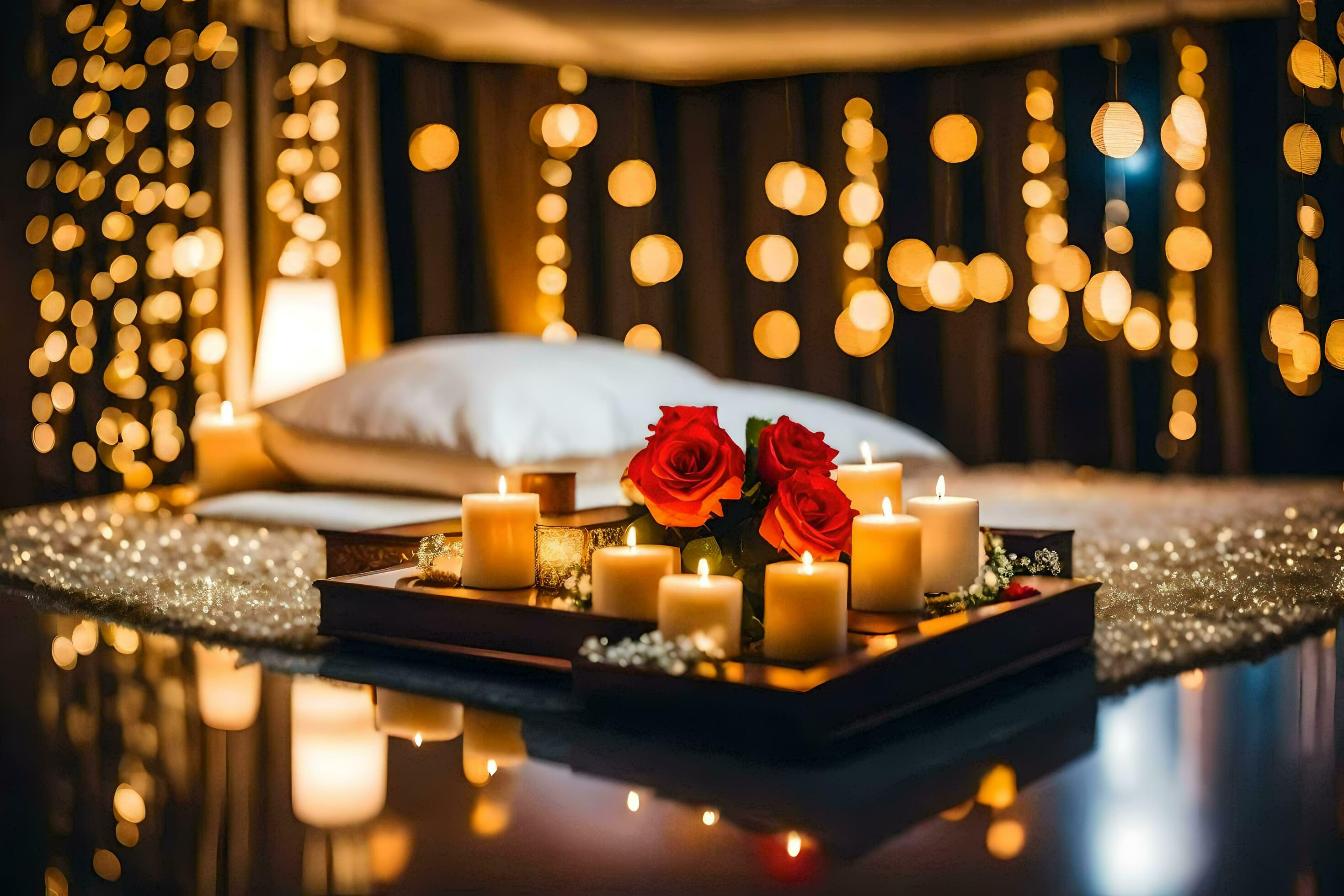 candles and roses on a tray in front of a bed. AIGenerated 30280808 Stock Photo at Vecteezy