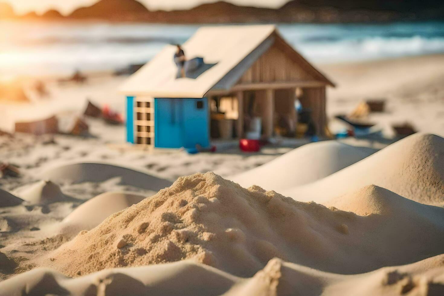 un miniatura casa en el playa con arena dunas. generado por ai foto