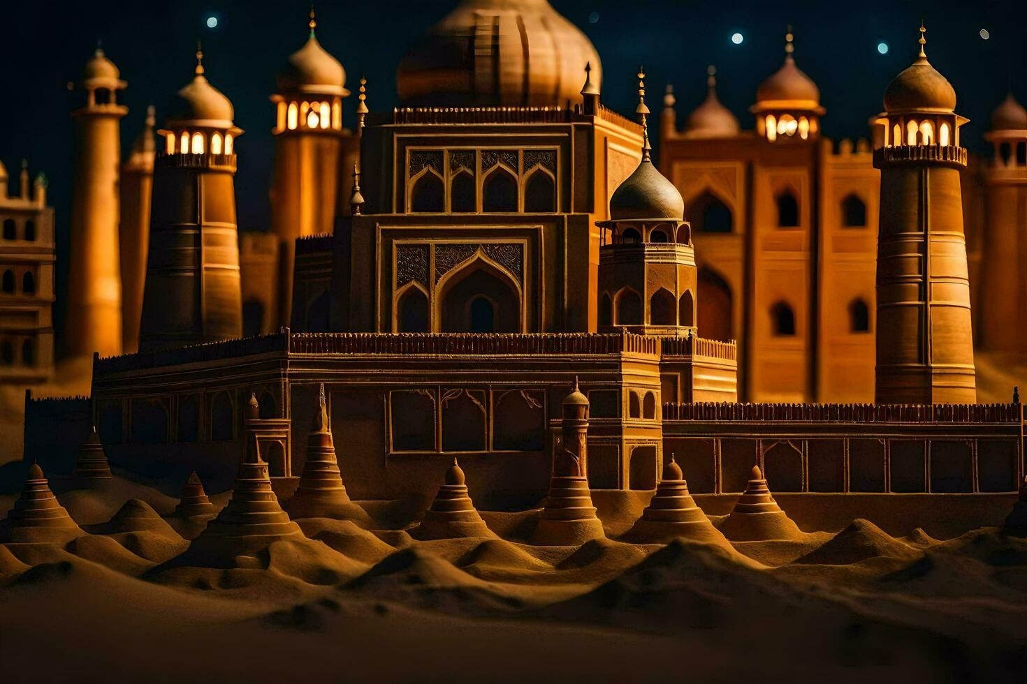 a sand castle made to look like a taj mahal. AI-Generated photo