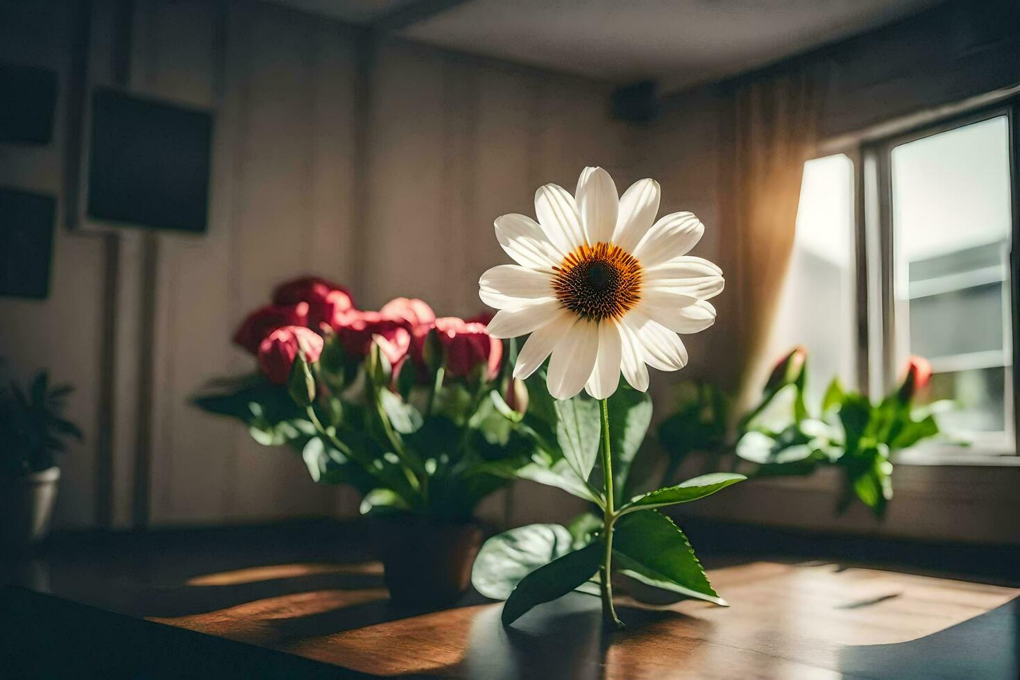 un flor se sienta en un mesa en frente de un ventana. generado por ai foto