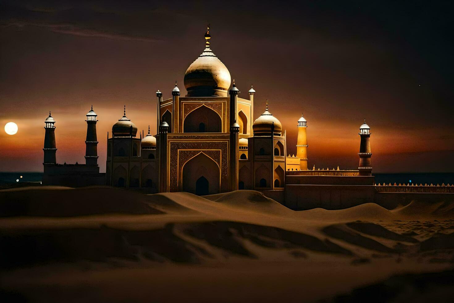 el taj mahal es iluminado arriba a noche. generado por ai foto