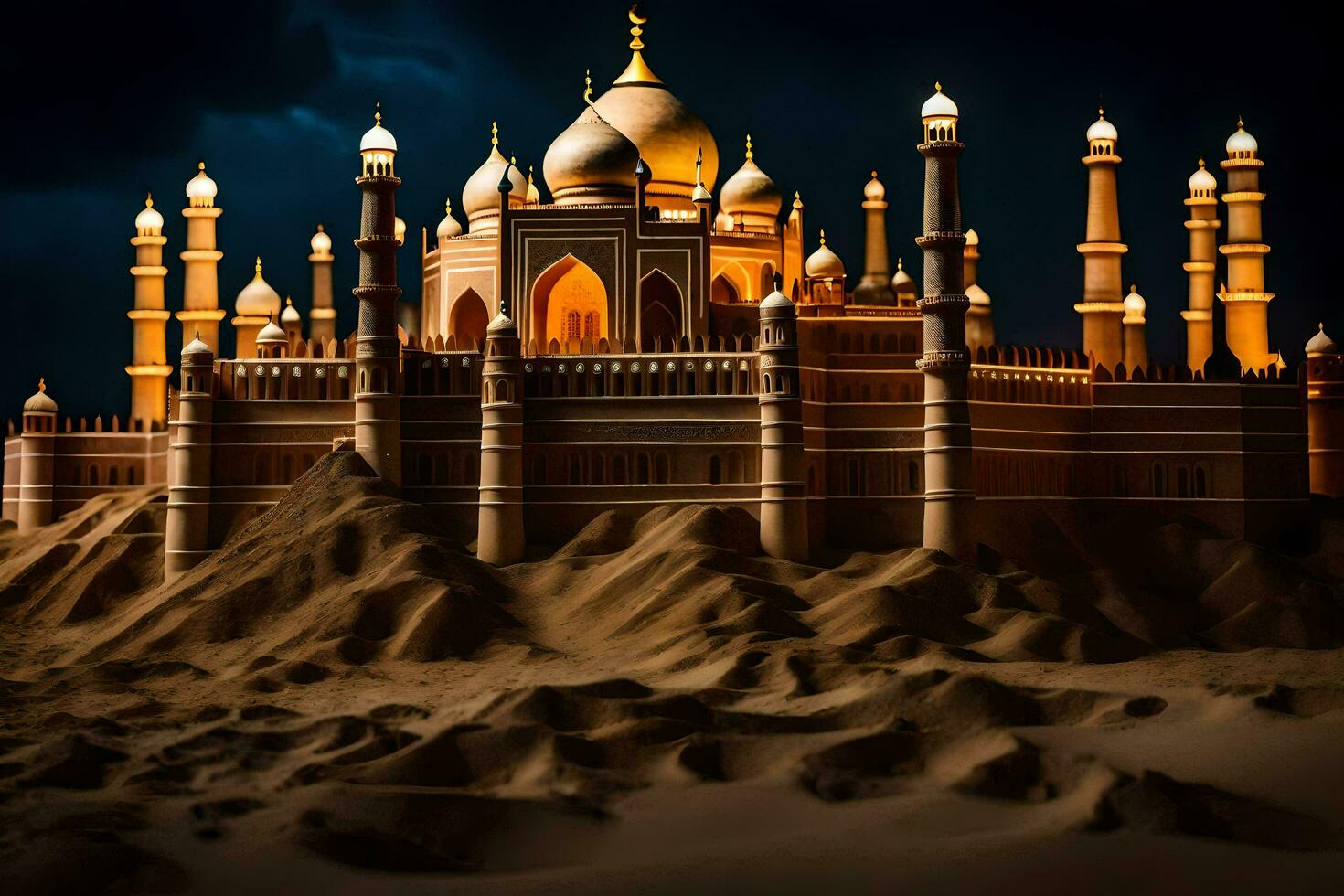 a large castle in the desert with lights on. AI-Generated photo