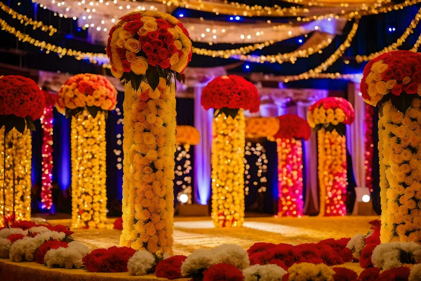 un Boda etapa decorado con flores y luces. generado por ai foto