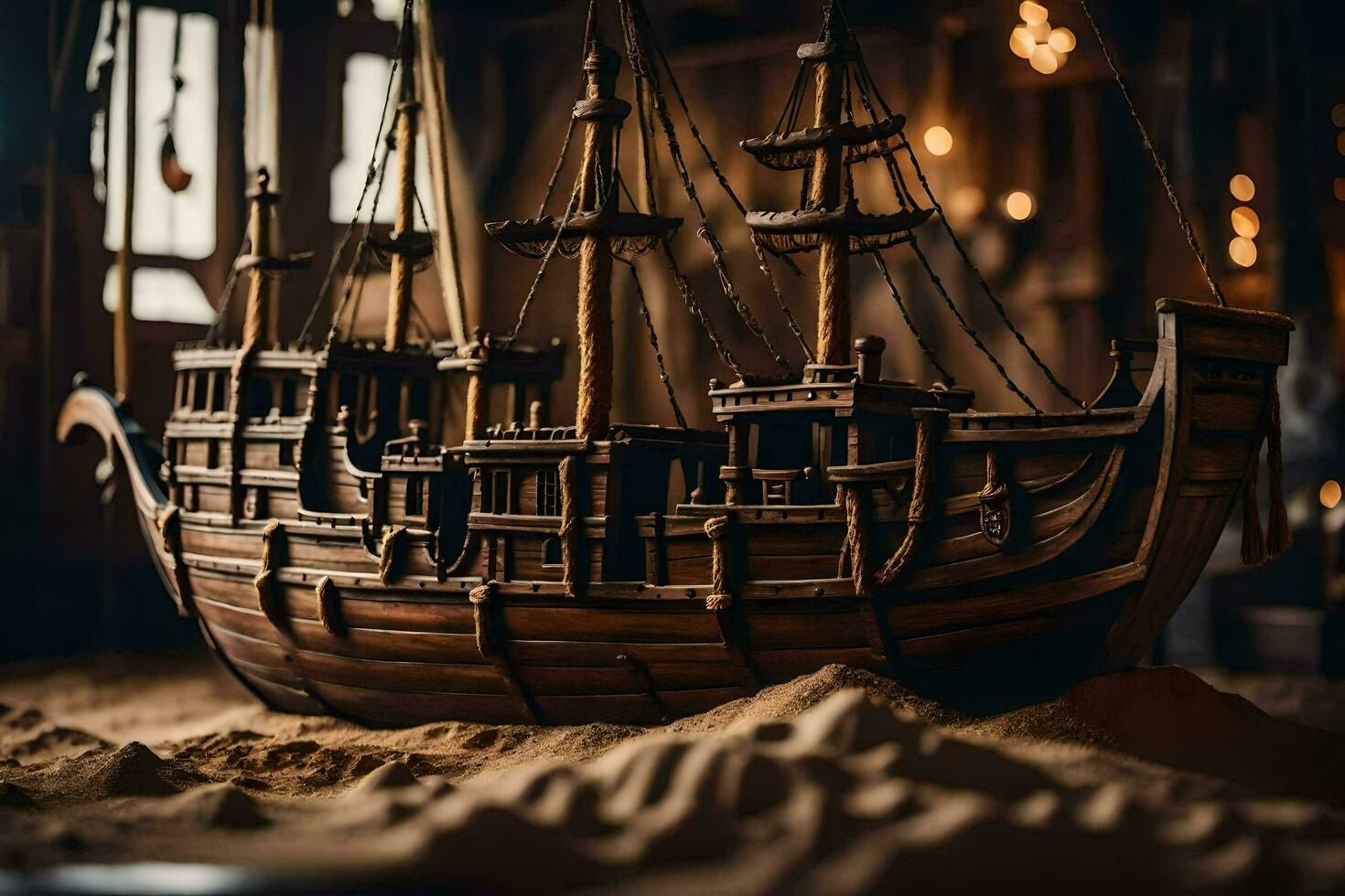 a model of a pirate ship in a room. AI-Generated photo