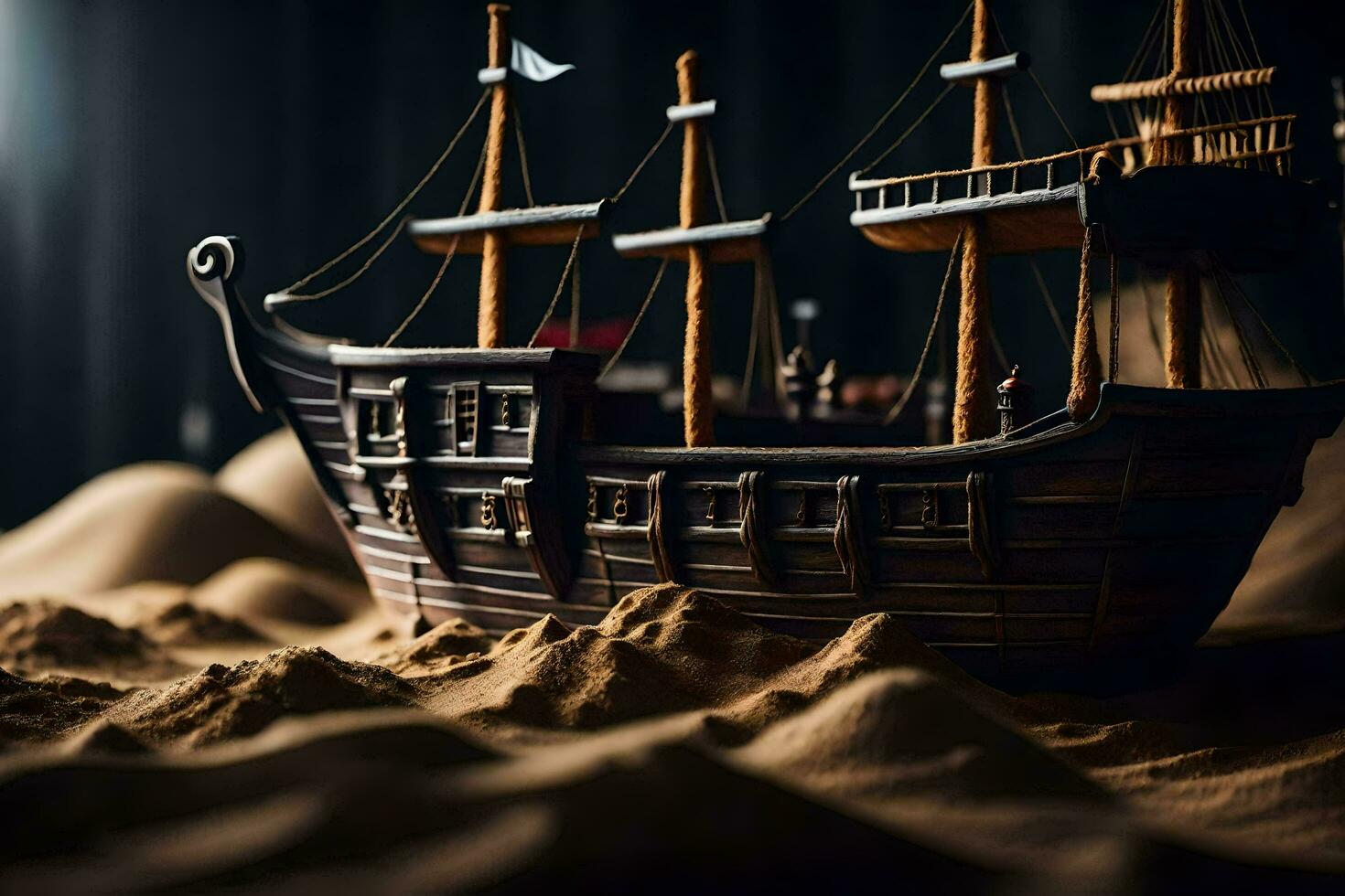 a model of a pirate ship in the sand. AI-Generated photo