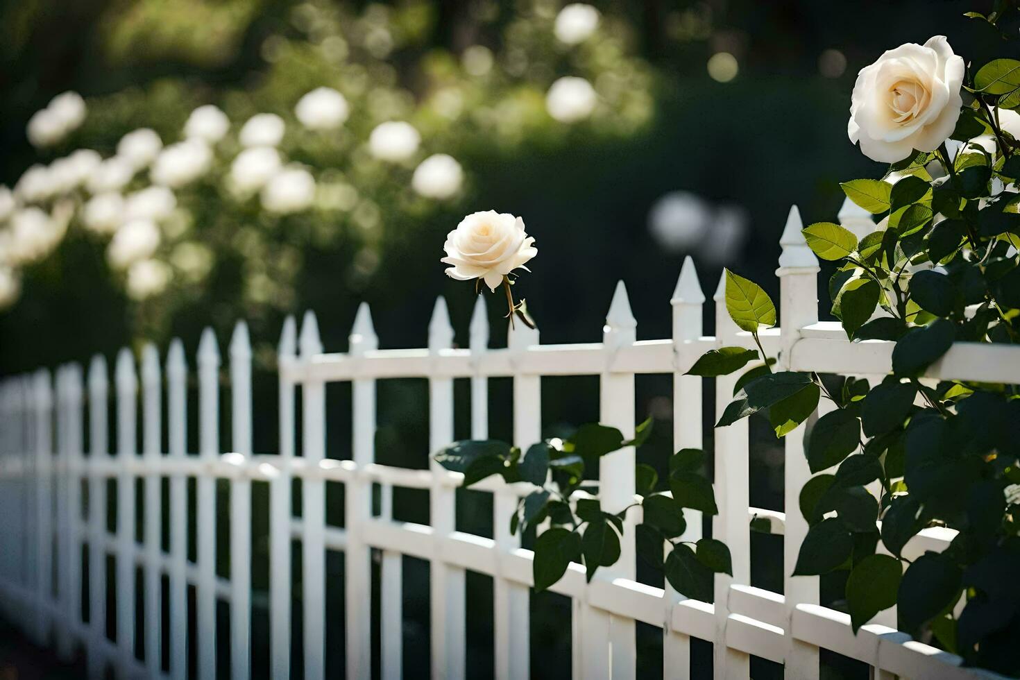 white fence with roses in the background. AI-Generated photo