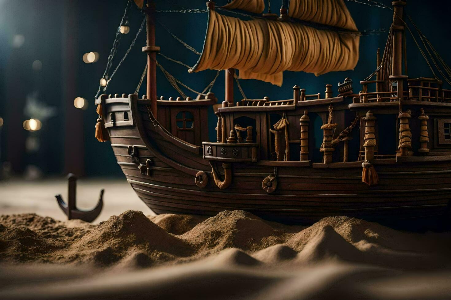 a model of a pirate ship in the sand. AI-Generated photo