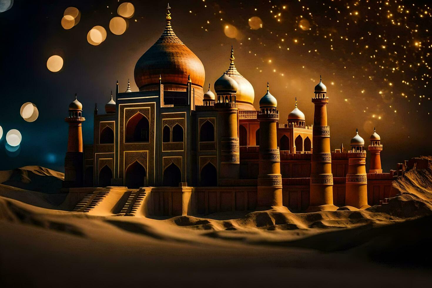 a taj mahal in the desert with lights. AI-Generated photo