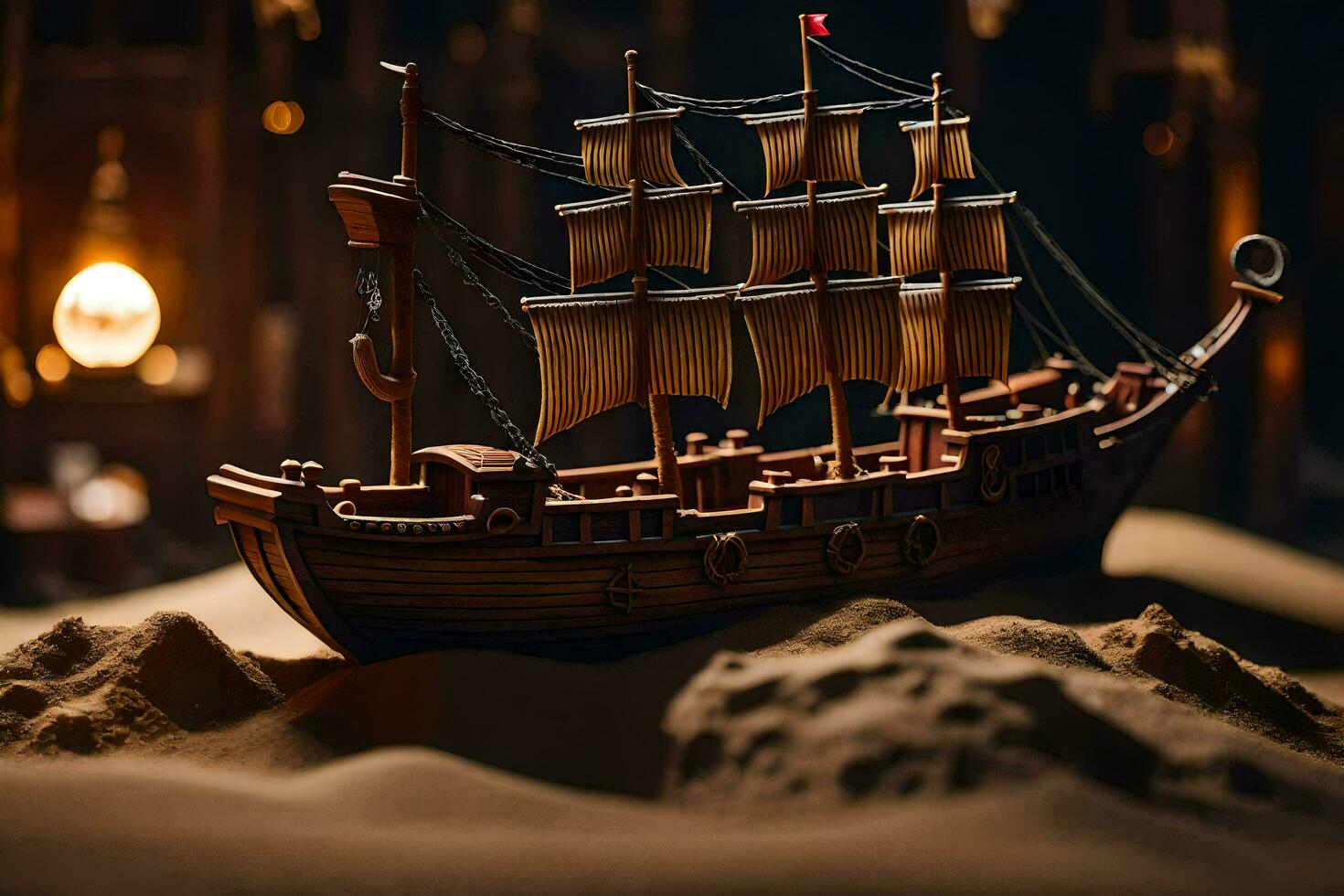 a model of a pirate ship in the desert. AI-Generated photo