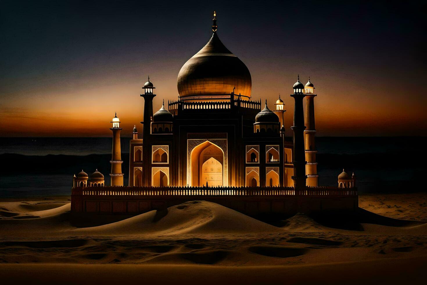 the taj mahal is lit up at night. AI-Generated photo