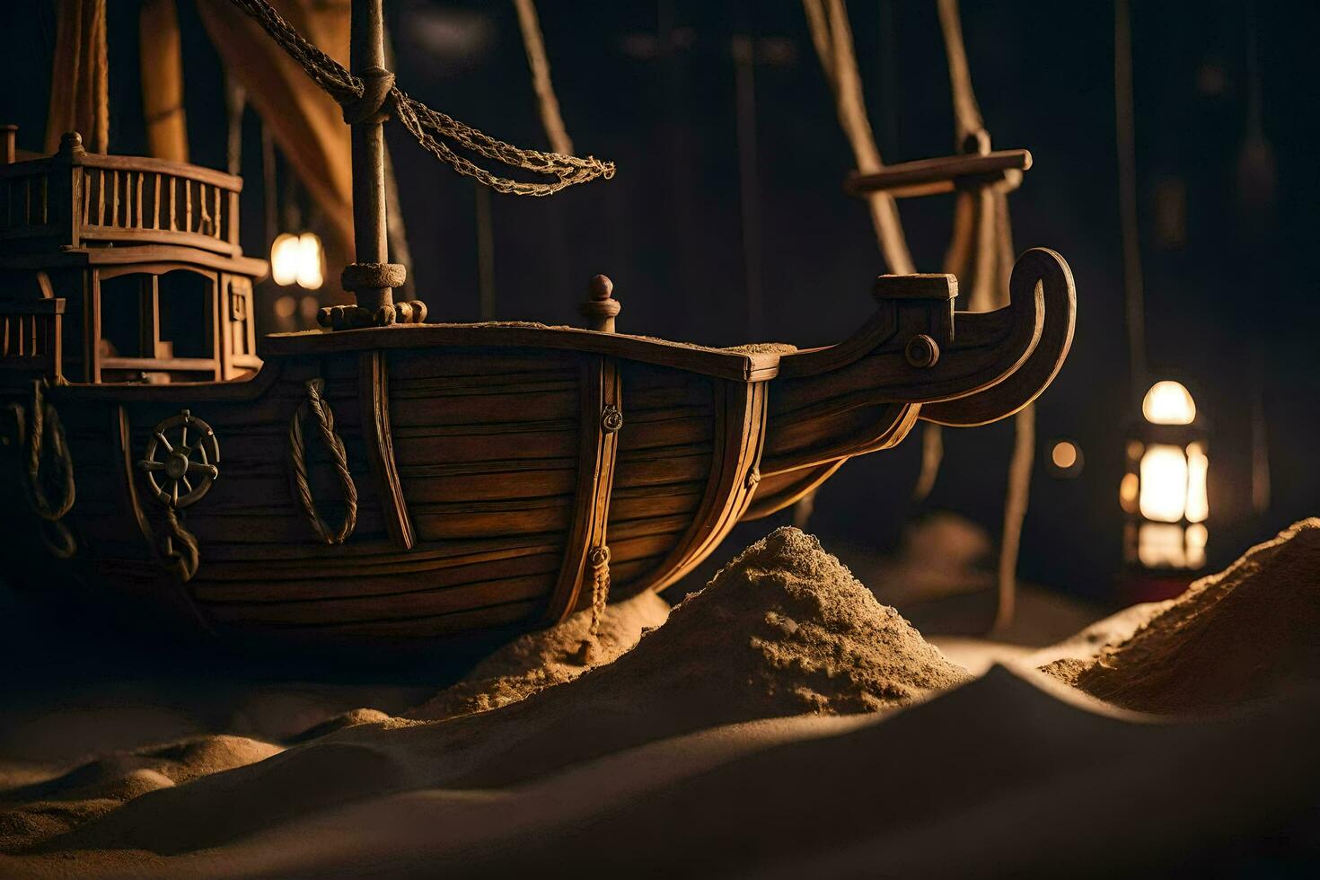 a model of a ship in the sand. AI-Generated photo