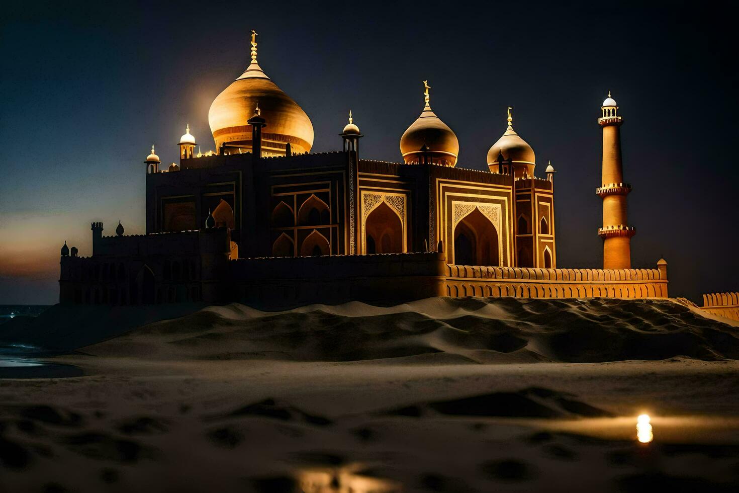 the taj mahal is lit up at night. AI-Generated photo
