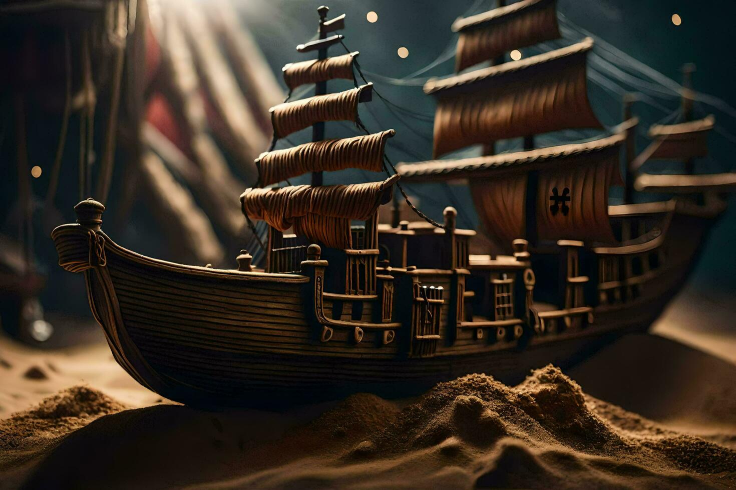 a model of a pirate ship in the sand. AI-Generated photo